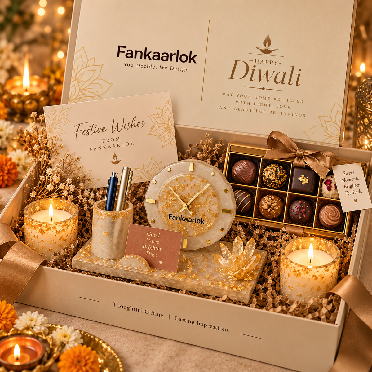 Roshni handcrafted resin Diwali corporate gift hamper in premium gift box by Fankaarlok
