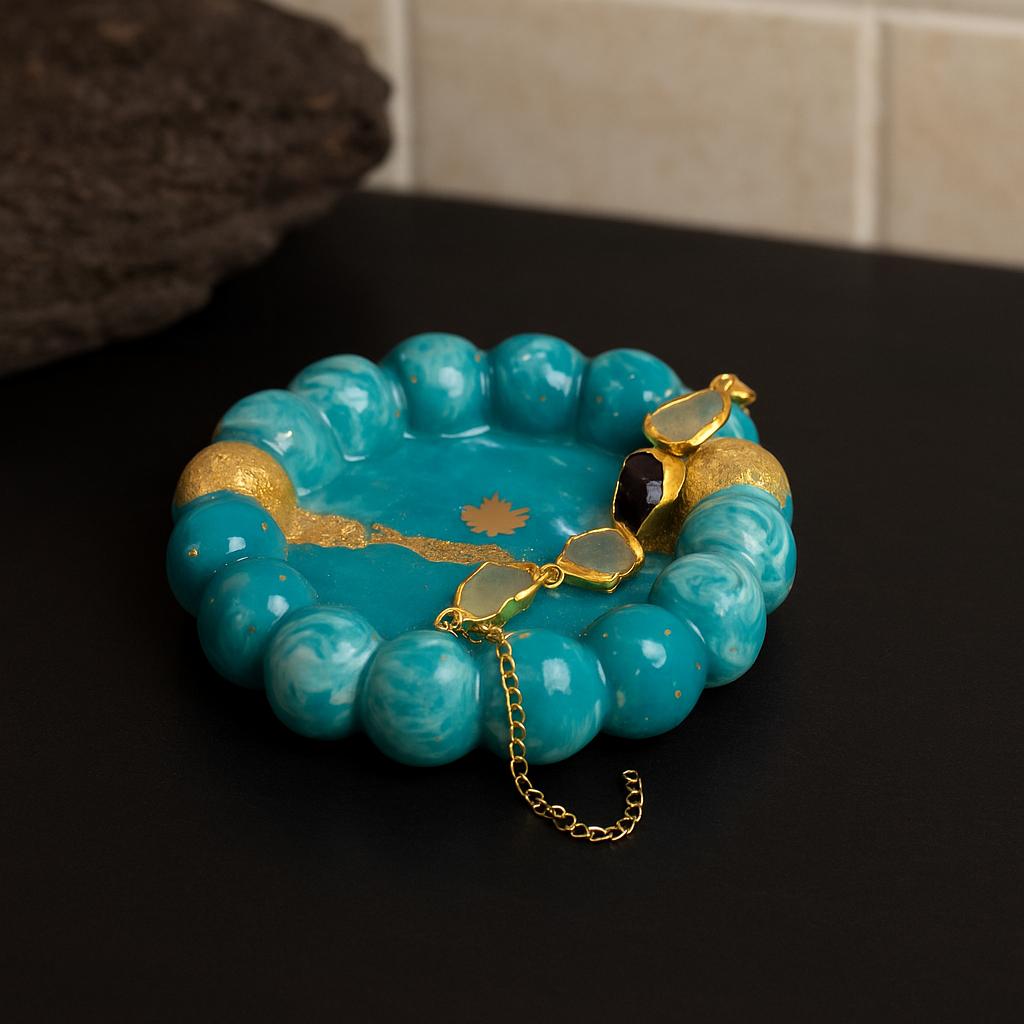 Aqua Glow Modern Jewelry Organizer Tray with Golden Detailing | Fankaarlok