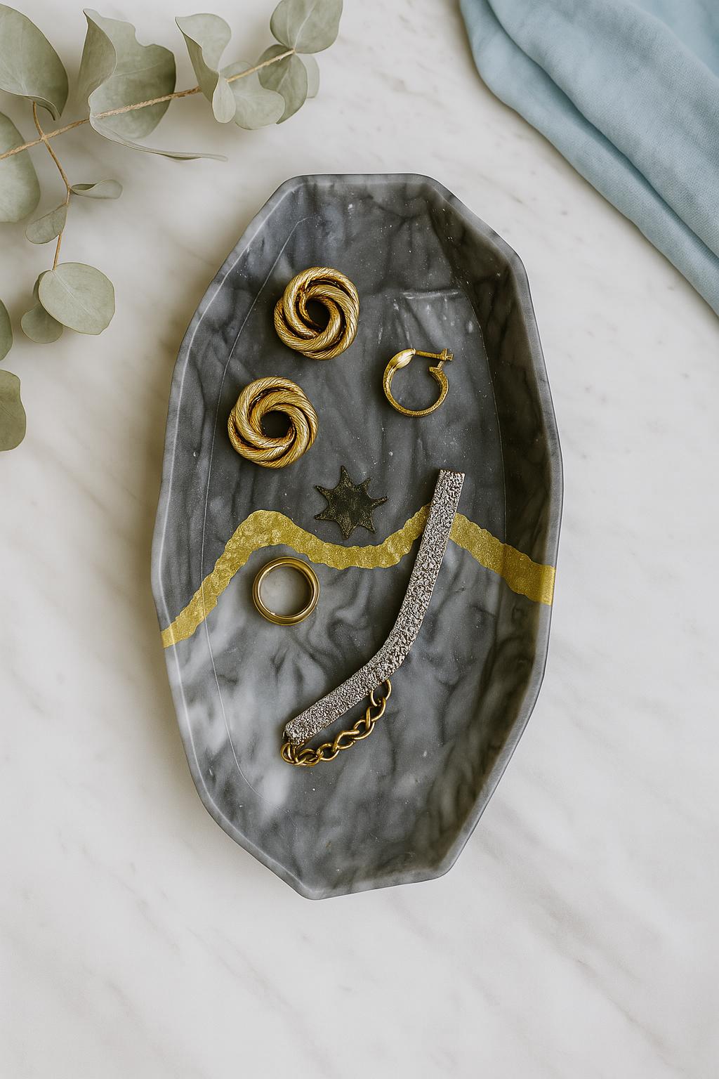 Marble Grey Luxury Trinket Tray Online with Golden Detailing | Fankaarlok