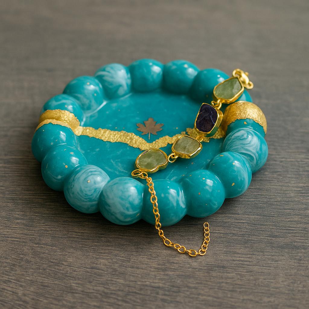Aqua Glow Modern Jewelry Organizer Tray with Golden Detailing | Fankaarlok