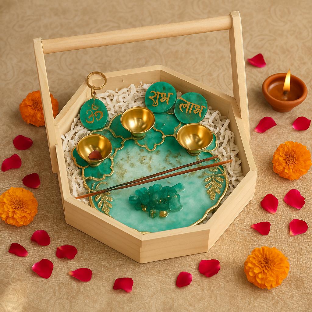 Pooja Thali Gift Set Online | Luxury Designer Pooja Thali with Brass Diyas & Shubh Laabh