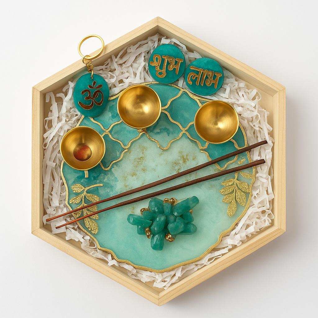 Pooja Thali Gift Set Online | Luxury Designer Pooja Thali with Brass Diyas & Shubh Laabh