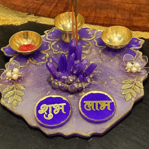 Puja thali with agarbatti stand — front view of designer thali