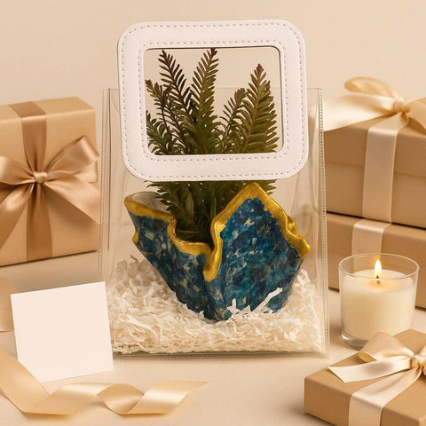Desk planter gift hamper — front view of handcrafted blue planter