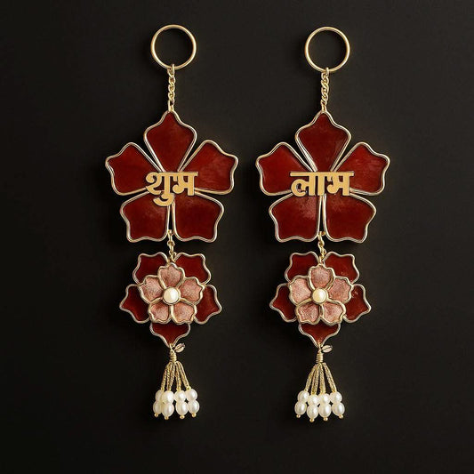 Handmade Shubh Labh for Pooja Room with Red Floral & Pearl Design | Fankaarlok