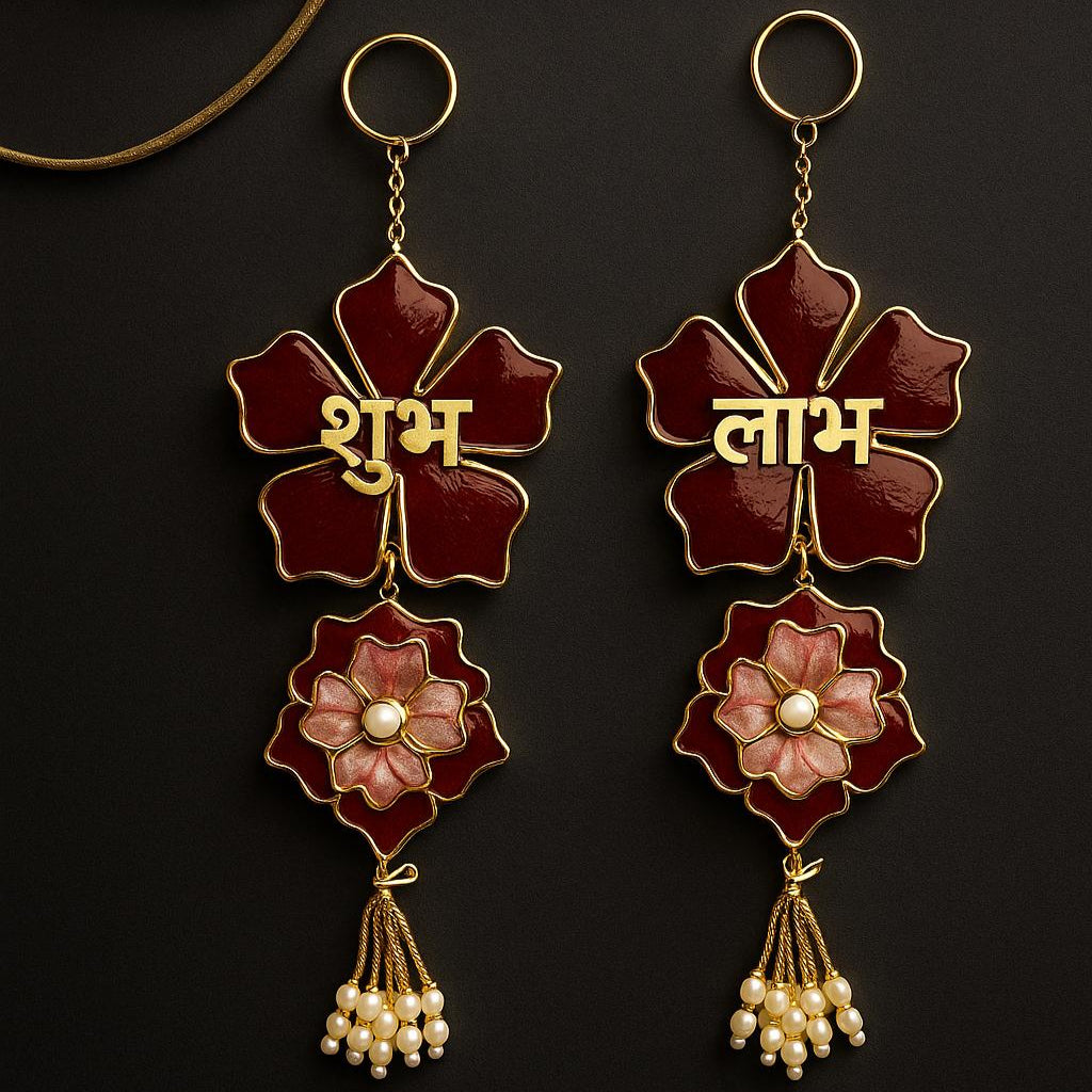 Handmade Shubh Labh for Pooja Room with Red Floral & Pearl Design | Fankaarlok