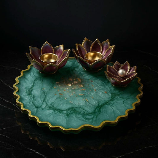 Emerald Lotus Charm – Modern Pooja Thali Designs | Fankaarlok