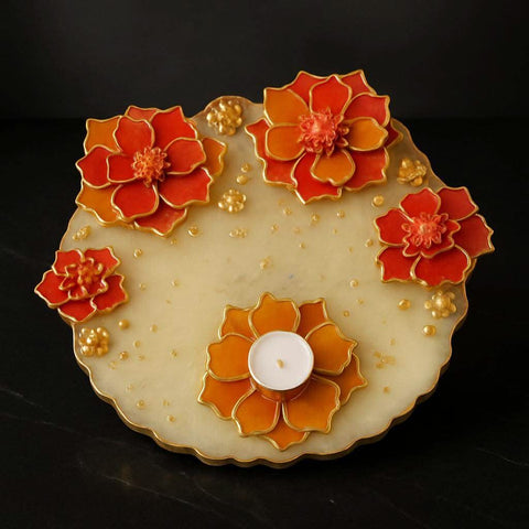 Scarlet Bloom luxury pooja thali — front view with scarlet and gold floral detailing
