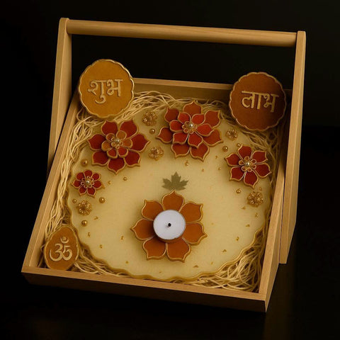 Corporate Diwali gift hamper — front view of luxury pooja thali with Shubh Laabh