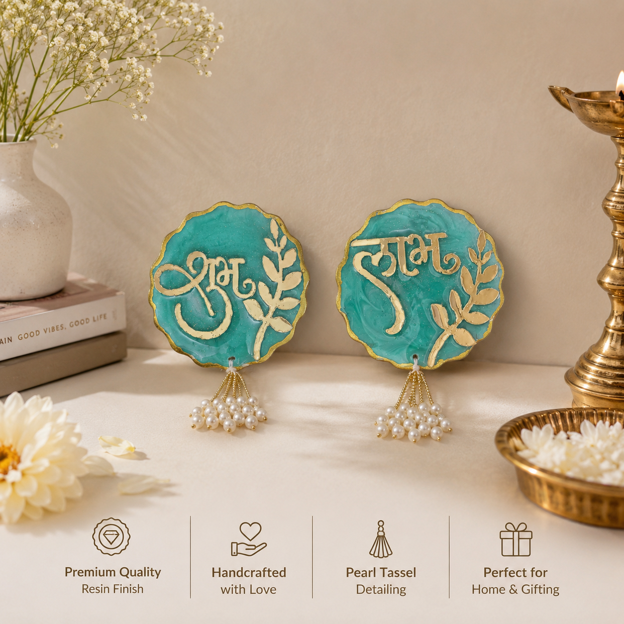 Crimson Shubh Laabh pair close-up showing golden lettering - Fankaarlok