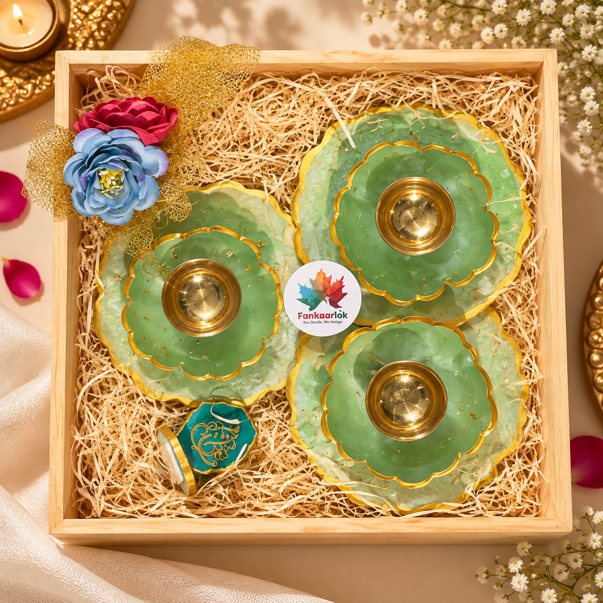 Diya holder hamper with brass diyas