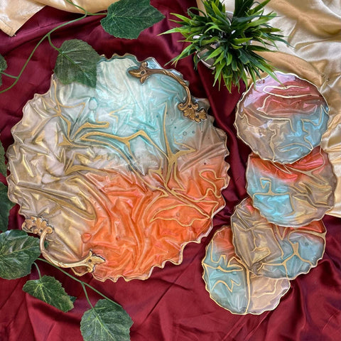 Luxury serving tray with coasters — front view of handcrafted gift set