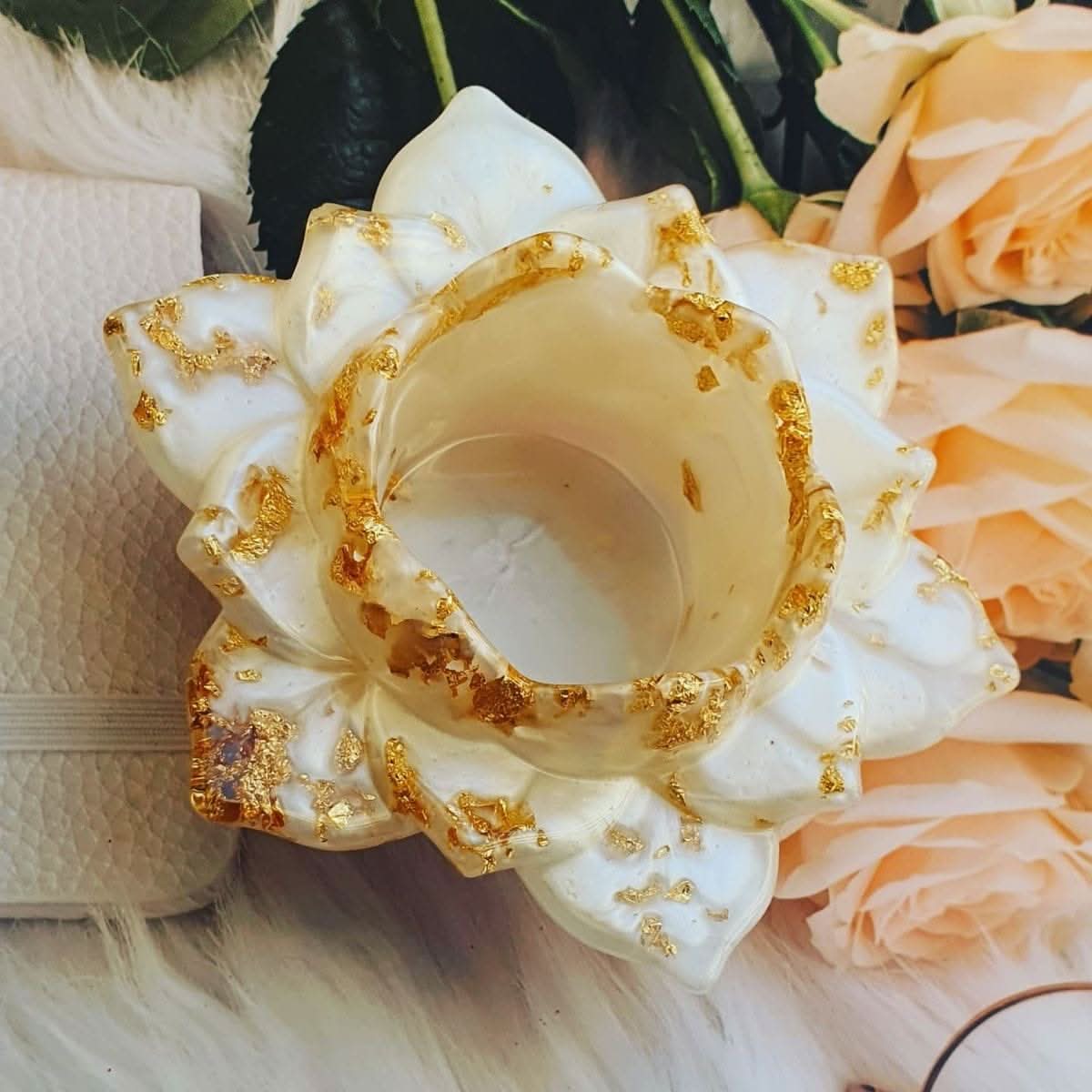 Golden Blossom ivory resin tealight holder with gold leaf petal accents