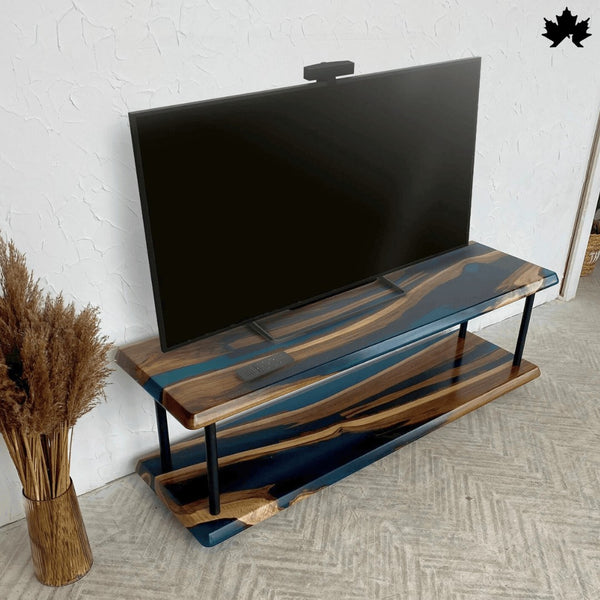 Living room accent table — front view of resin and wood statement console