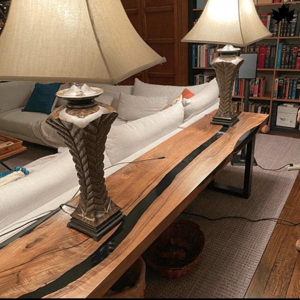 Sofa back console table — front view of modern resin and solid wood hallway unit
