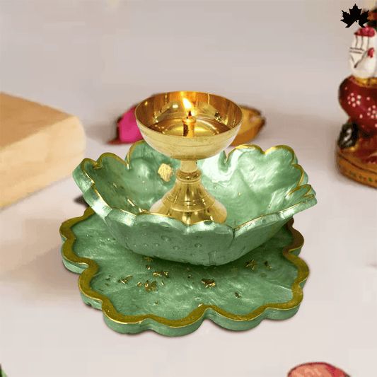 Decorative Diya for Pooja in Green & Gold Floral Base | Fankaarlok