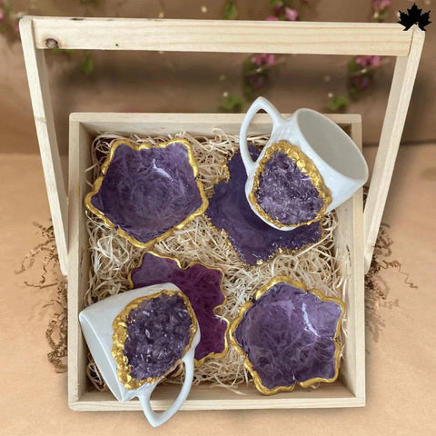 Royal Amethyst coffee set with white cups and purple and gold resin coasters