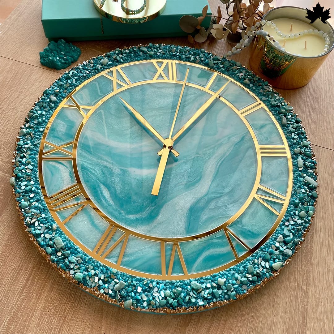 Aqua Gemstone Elegance - Turquoise Resin and Stone Wall Clock | Fankaarlok