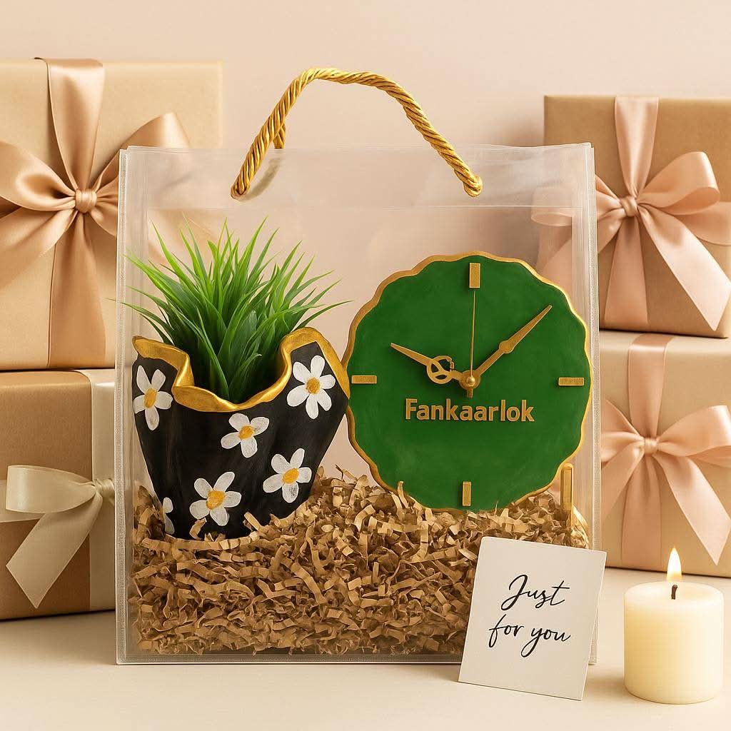 Corporate desk gift hamper with planter and clock shipped to Mumbai offices