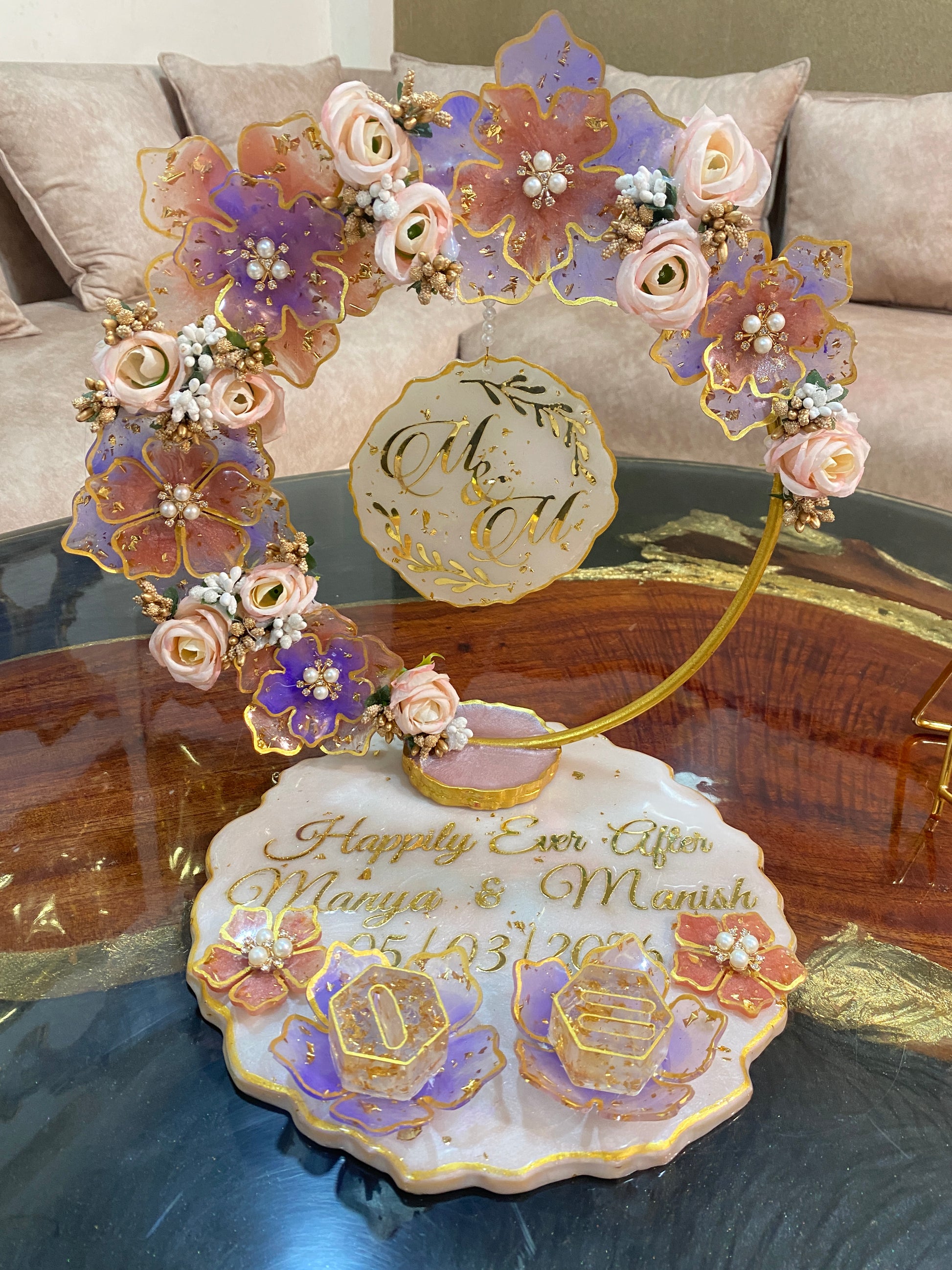 Blush Bloom resin ring platter — styled for an engagement ceremony
