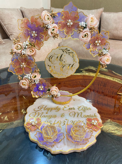 Blush Bloom resin ring platter — styled for an engagement ceremony