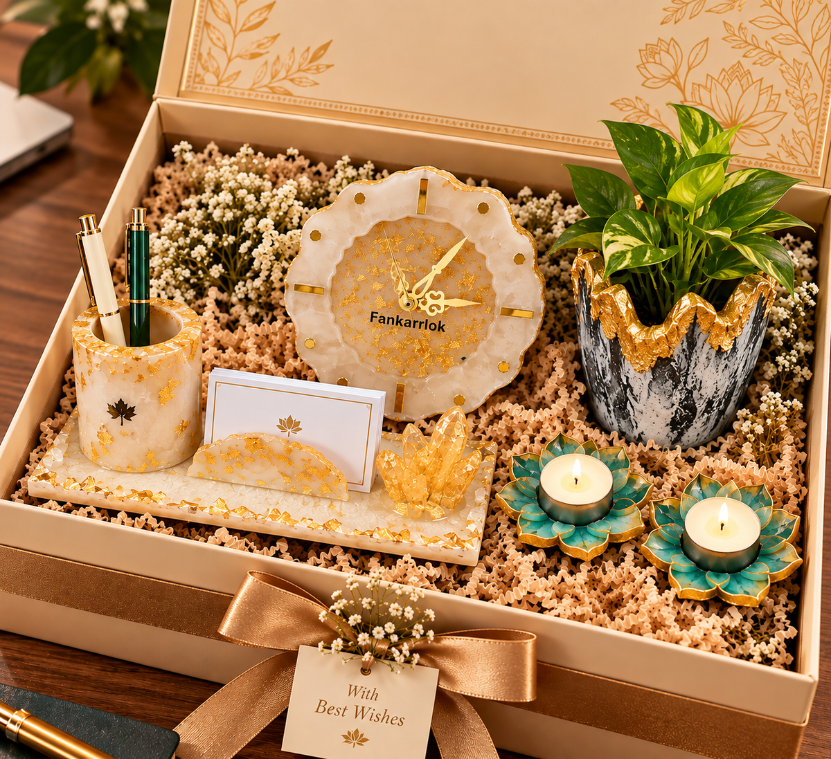 Prakash handcrafted resin Diwali corporate gift hamper in premium gift box by Fankaarlok