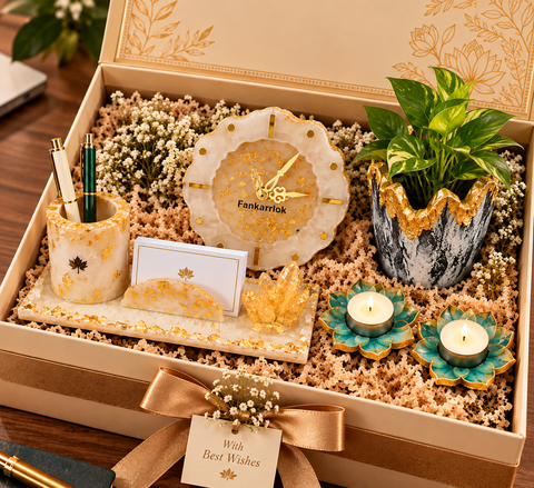 Prakash handcrafted resin Diwali corporate gift hamper in premium gift box by Fankaarlok