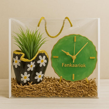 Corporate Desk Gift Hamper | Designer Planter with Luxury Desk Clock