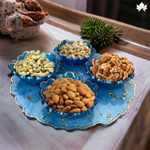 Festive dry fruit gift platter with 4 bowls for almonds, cashews and pistachios