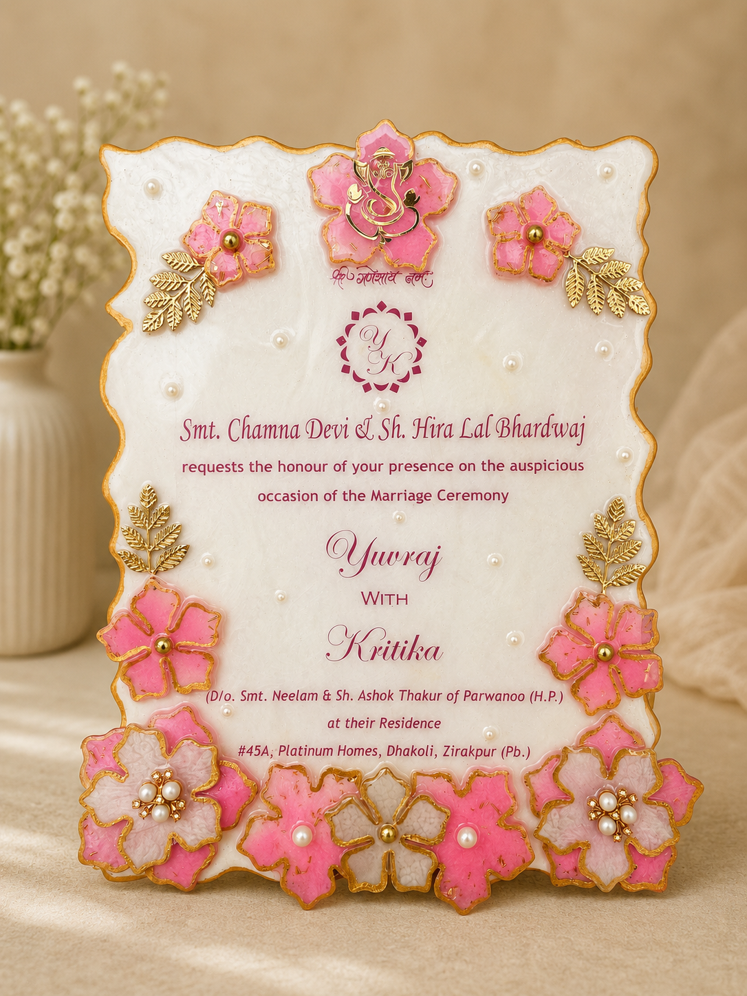 Radiant wedding invitation resin frame with custom couple details