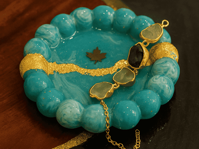 Aqua Glow Modern Jewelry Organizer Tray with Golden Detailing | Fankaarlok - Fankaarlok