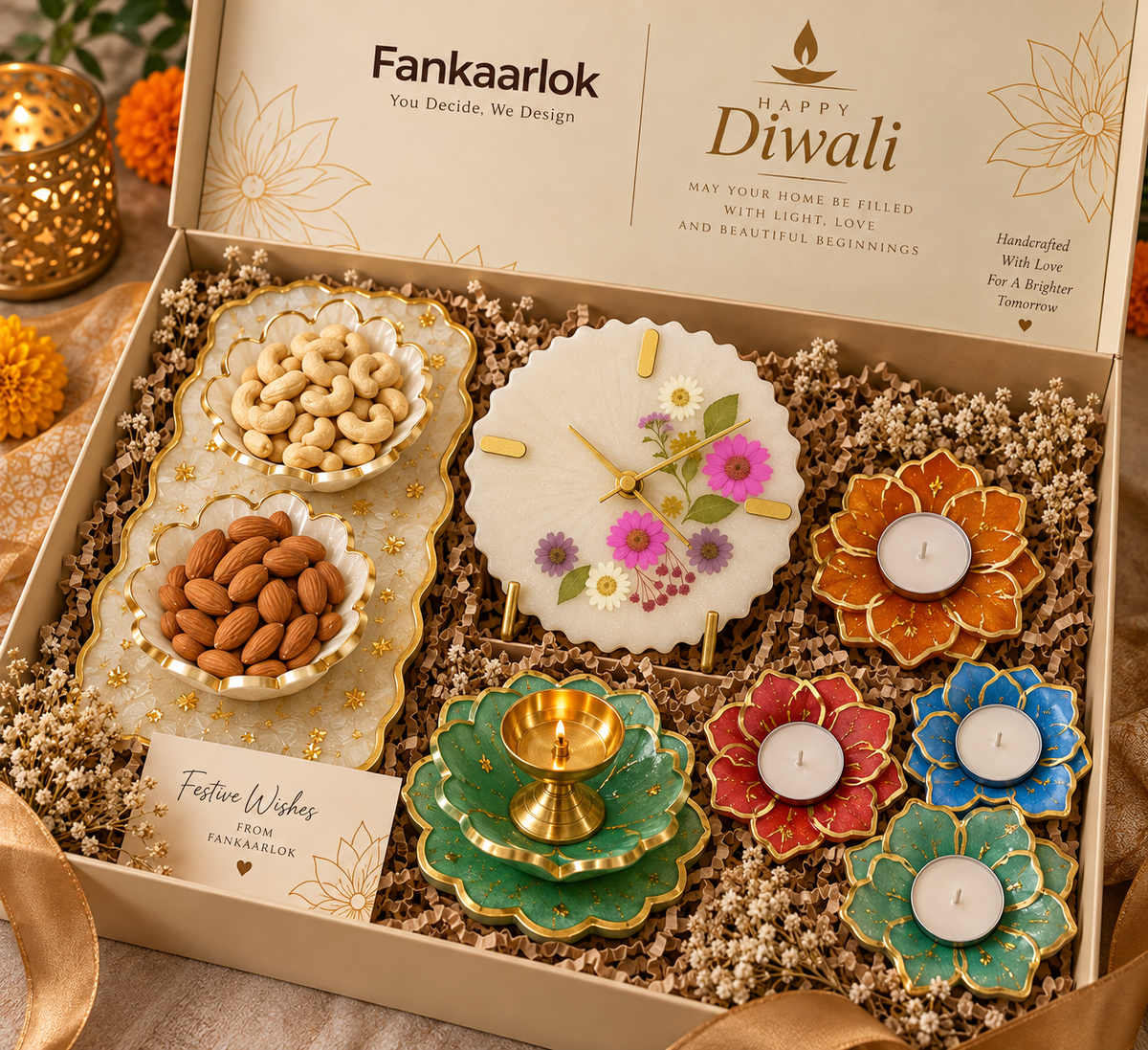 Mangal handcrafted resin Diwali corporate gift hamper in premium gift box by Fankaarlok