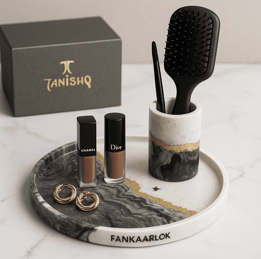 Marble Finish Tray + Brush Holder Combo – Buy Designer Jewellery Tray Set