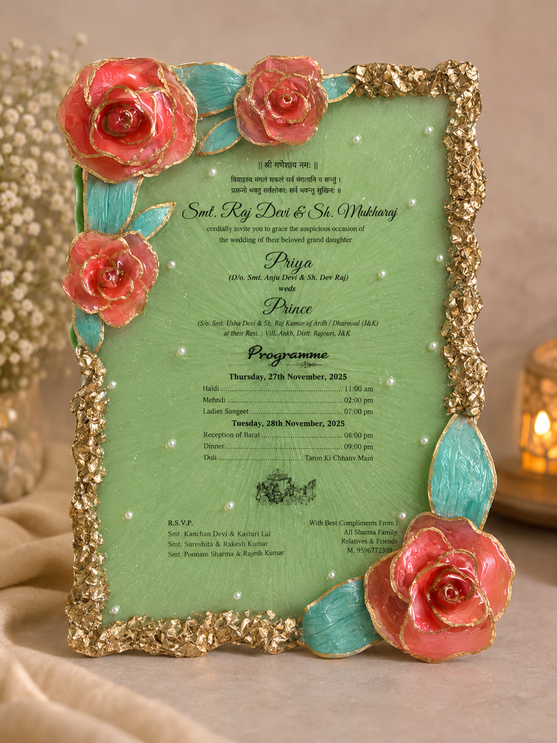 Graceful wedding invitation resin frame with custom couple details