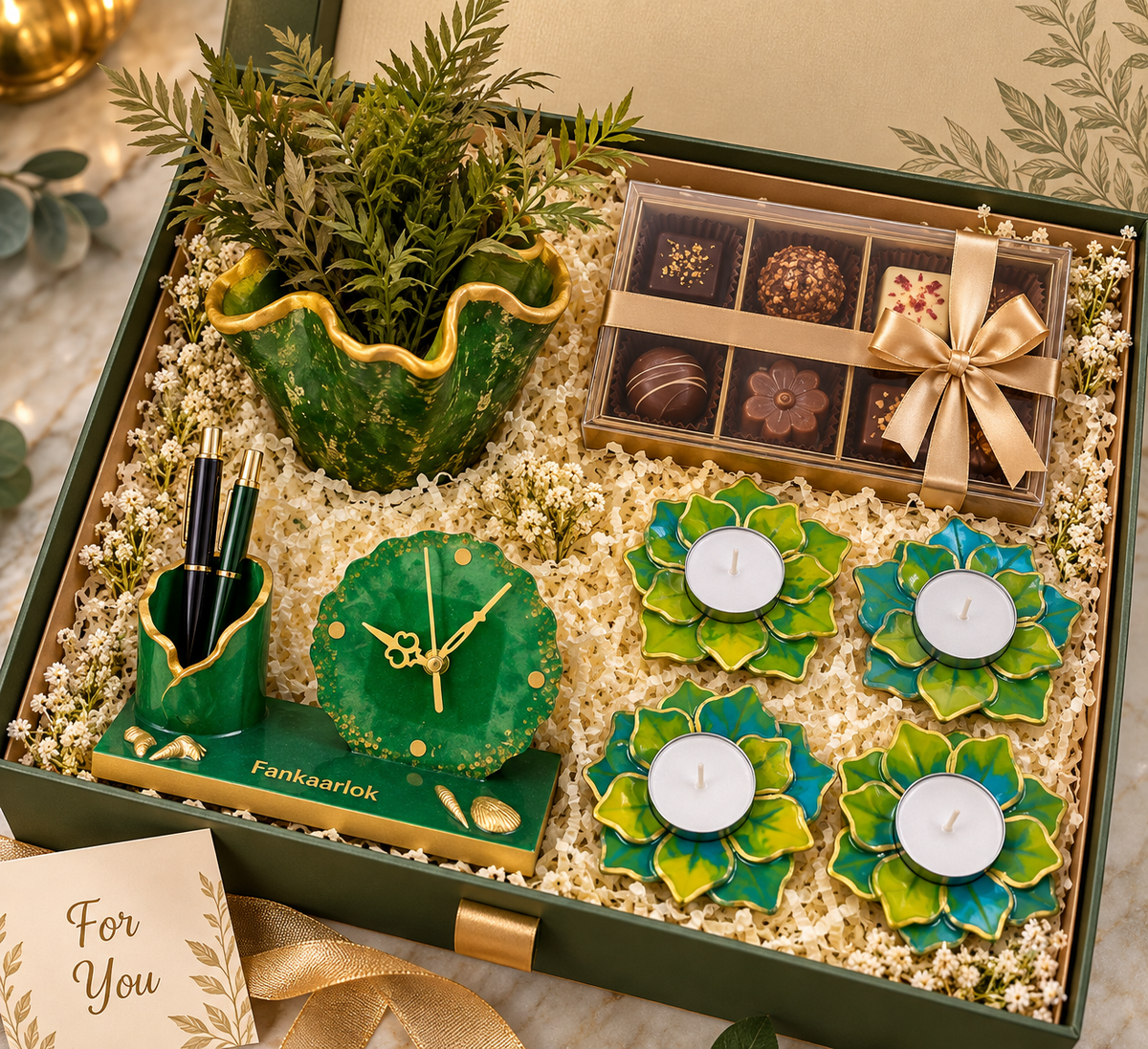 Jyoti handcrafted resin Diwali corporate gift hamper in premium gift box by Fankaarlok