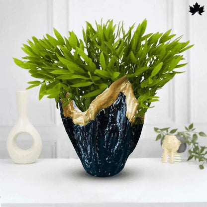 Midnight Ocean glossy black resin planter with gold crown edge
