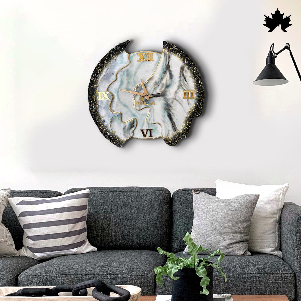 White Marble Resin Art with Gold Accents | Designer Asymmetric Wall Clock by Fankaarlok