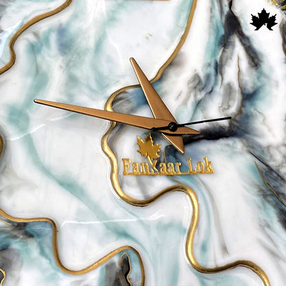 White Marble Resin Art with Gold Accents | Designer Asymmetric Wall Clock by Fankaarlok