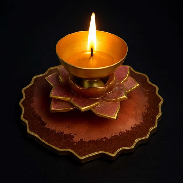 Brass diya with holder — front view of designer floral base