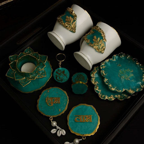 Luxury crockery gift hamper — front view of custom designer mugs