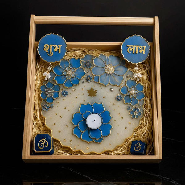 Diwali pooja thali gift set — front view with Shubh Laabh, diya holder and Ganesha idol