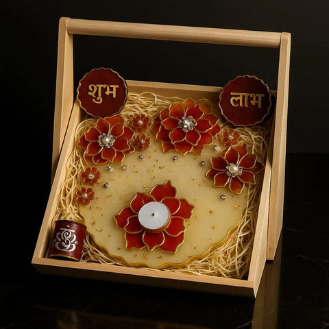 Grand Floral Harmony combo set — front view with pooja thali, Shubh Laabh, diya and Ganesh idol