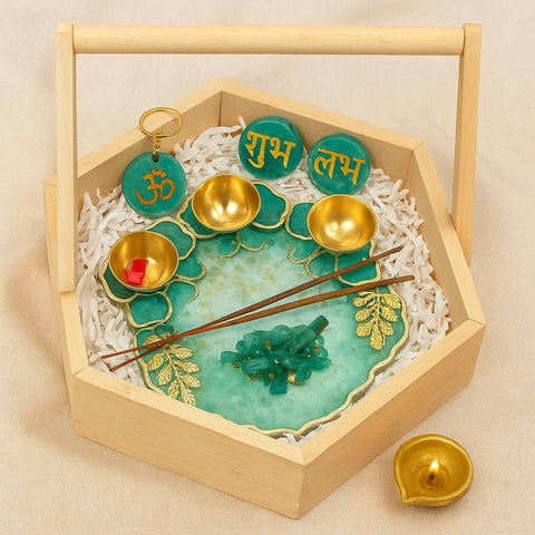 Pooja thali gift set — front view with brass diyas and Shubh Laabh