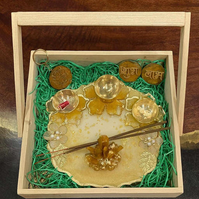 Diwali Pooja Gift Hamper India | Designer Pooja Thali Set with Diyas & Shubh Laabh
