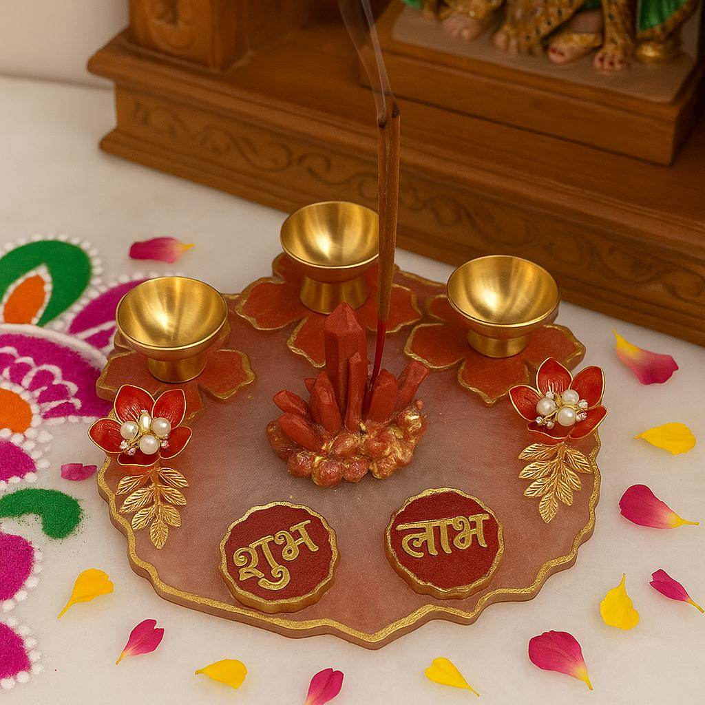 Designer Pooja Thali for Diwali | Luxury Festive Gift Hamper with Diyas & Shubh Laabh - Fankaarlok