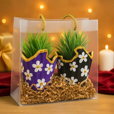 Plant gift combo set — front view of designer planters with faux greenery