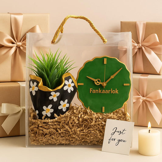 Corporate Desk Gift Hamper | Designer Planter with Luxury Desk Clock