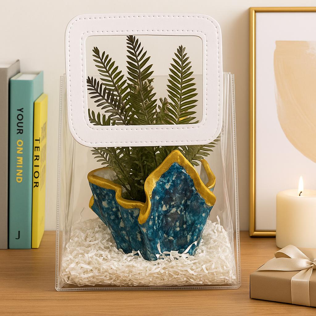Desk Planter Gift Hamper | Handcrafted Blue Planter with Faux Green Plant