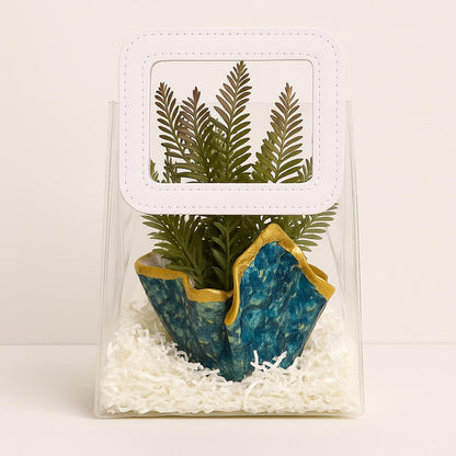 Desk Planter Gift Hamper | Handcrafted Blue Planter with Faux Green Plant