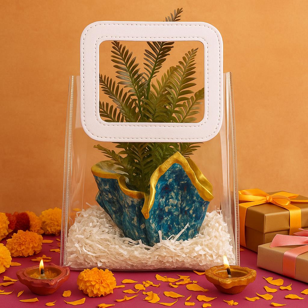 Desk Planter Gift Hamper | Handcrafted Blue Planter with Faux Green Plant